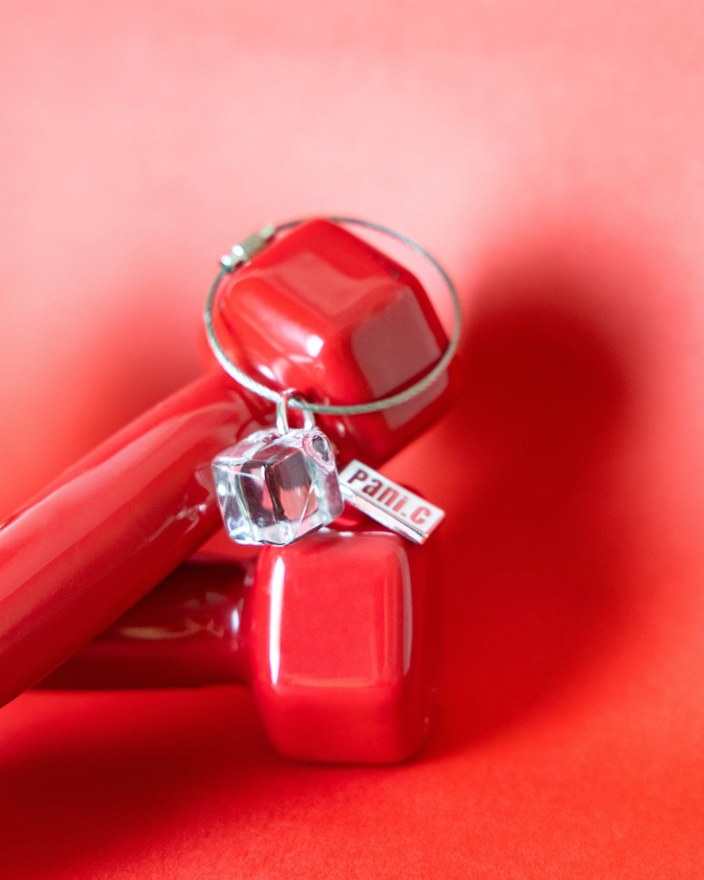 keychain with a clear iceberg gem and 'Pani.c' tag on a red background